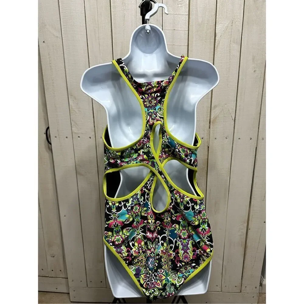 Athleta One Piece Swimsuit Size 12 Black Multicolor Floral Paisley Athletic Swim